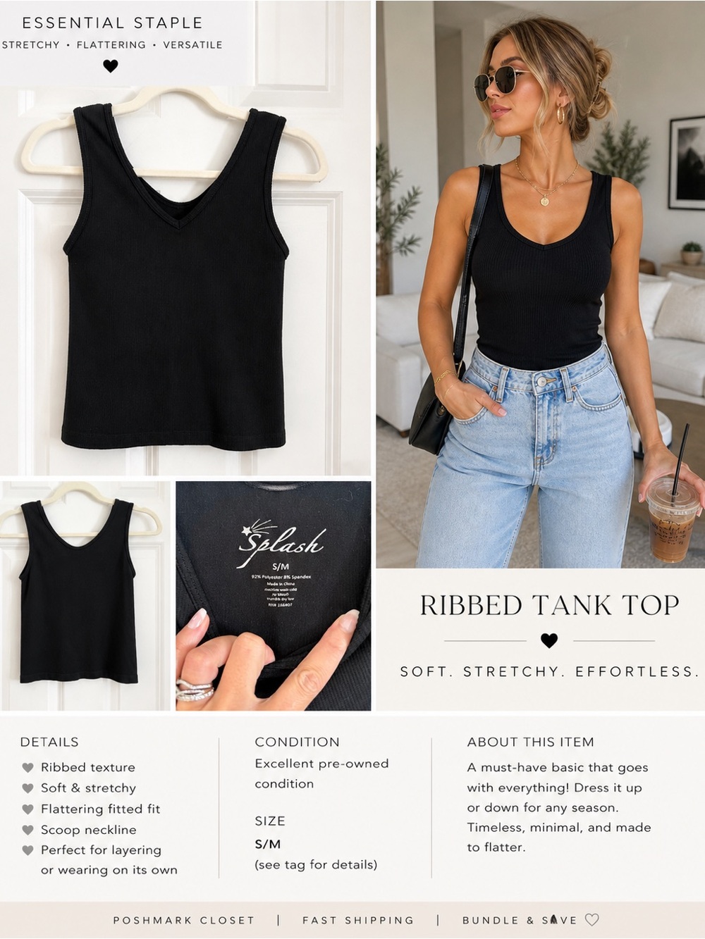 Splash Black Ribbed Tank Top - Scoop Neck